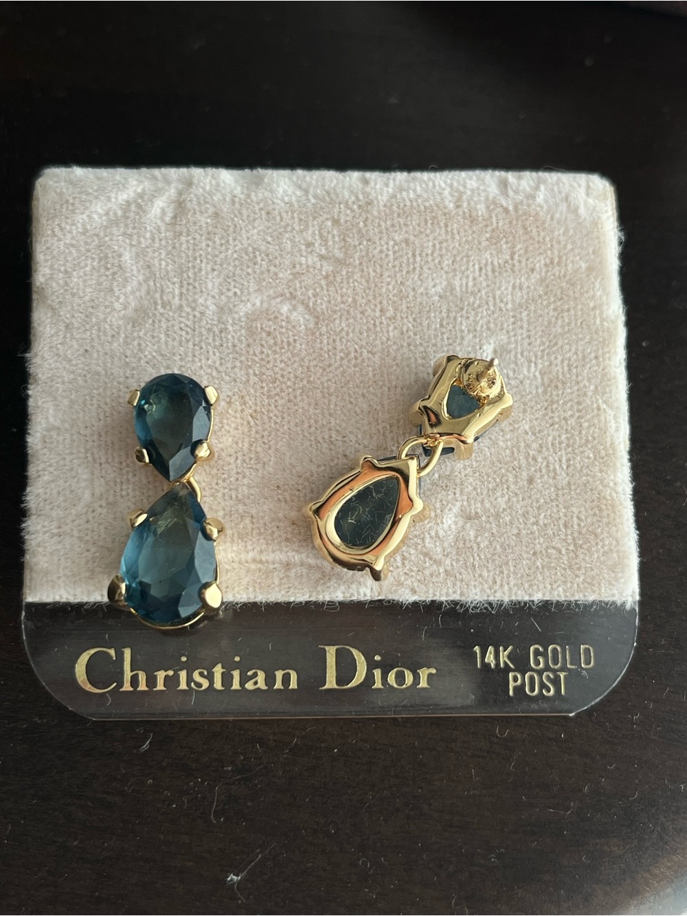 Authentic Vintage Dior Teardrop Blue Rhinestone Drop 14k Gold Post Earrings NWT - Picture 3 of 3